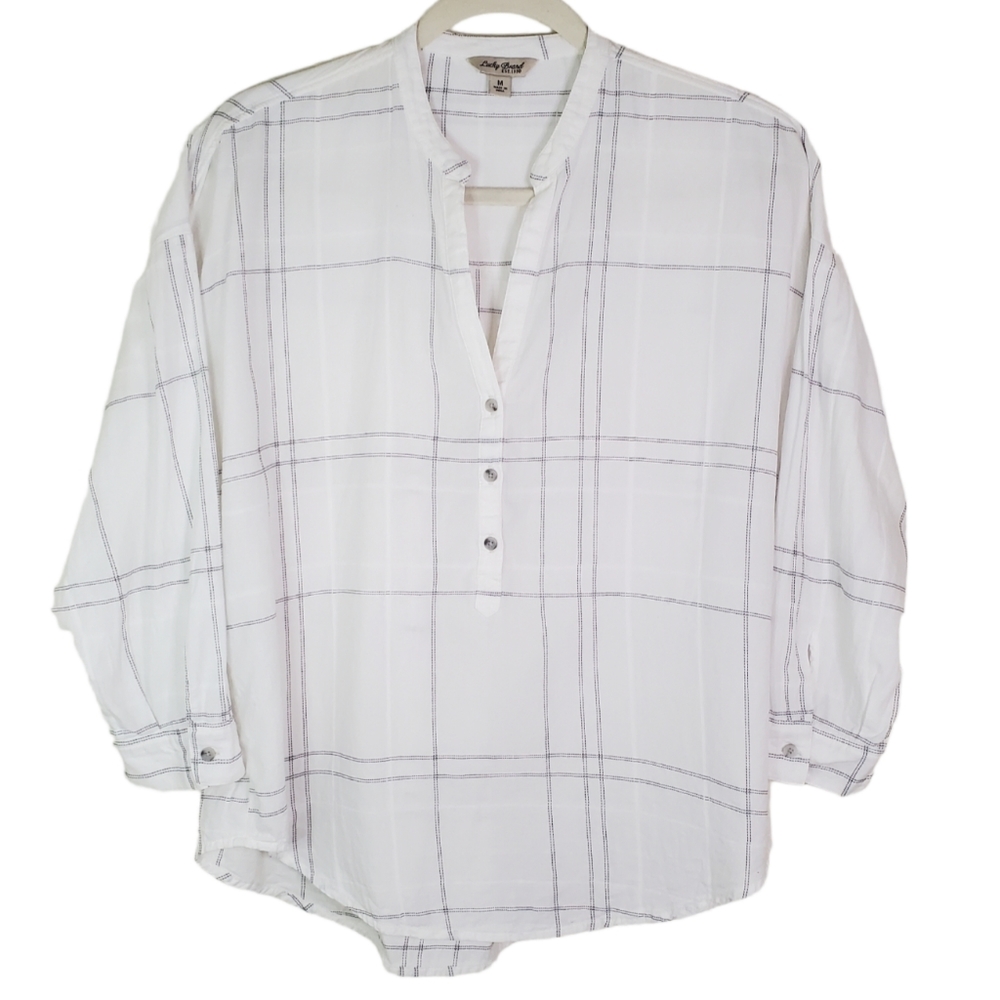 Lucky Brand Windowpane Plaid 3/4 Length Sleeve White Black Top Sz M